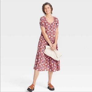 Knox Rose Puff Sleeve Tiered A-Line Dress Cognac Size L